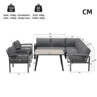 Stylish Garden Lounge Set with Galvanised Iron Frame and Wood‑Grain Table, Large Sofas and Table for 8 People, 124L x 69W x 86H cm, Gray(m-3)