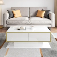 Modern LED Coffee Table with High-Gloss Finish and Gold Accents, Illuminated Unit with Drawers and Storage, 100L x 50W x 40H cm, White(m-8)