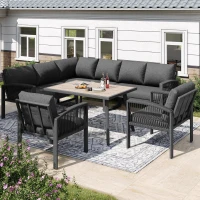 Stylish Garden Lounge Set with Galvanised Iron Frame and Wood‑Grain Table, Large Sofas and Table for 8 People, 124L x 69W x 86H cm, Gray(m-9)