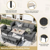 Stylish Garden Lounge Set with Galvanised Iron Frame and Wood‑Grain Table, Large Sofas and Table for 8 People, 124L x 69W x 86H cm, Gray(m-4)