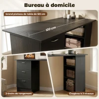 HOMCOM Bureau d'ordinateur avec 3 tiroirs et 3 étagères ouvertes, 120x49x72cm, bureau avec rangement réversible, style moderne, table informatique pour chambre, petit espace, télétravail, noir(m-4)