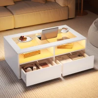 Smart Coffee Table with App-Controlled LED, USB Port and Glass Top, Practical Unit with 2 Drawers and Shelves,100L x 50W x 35H cm, White(m-8)