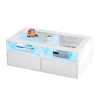 Smart Coffee Table with App-Controlled LED, USB Port and Glass Top, Practical Unit with 2 Drawers and Shelves,100L x 50W x 35H cm, White(m-11)
