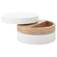 Round Coffee Table with Rotating Hidden Storage Sections, Space-Saving Table for Modern Living Spaces, 60L x 60W x 35H cm, White+Wood(m-12)