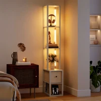 HOMCOM Floor Lamp with Shelves, LED Column Modern Standing Lamp with Fabric Drawer, Adjustable Brightness, Foot Switch for Living Room, Bedroom, Office, Oak(m-2)