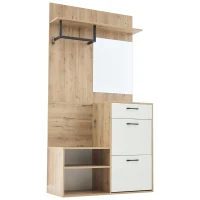 7-In-1 Coat Rack with 2 Shoe Compartments and Semi-open Shelves, High-gloss Cabinet with Mirror, 100L x 38.5W x 190H cm, White+Oak(m-2)