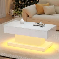 T-shaped Coffee Table with 2 Drawers and App-Controlled LED Strip, High-Gloss Centre Table for Living Room, 100L x 50W x 45H cm, White(m-11)