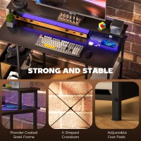 HOMCOM LED Computer Desk, with Power Outlets and Shelves - Carbon Fibre Grey(m-9)