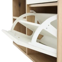7-In-1 Coat Rack with 2 Shoe Compartments and Semi-open Shelves, High-gloss Cabinet with Mirror, 100L x 38.5W x 190H cm, White+Oak(m-12)