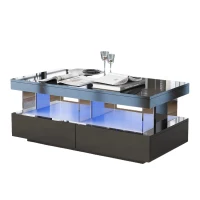 Stylish Coffee Table with 2 Drawers, Open Storage and LED Lights, Durable Center Table for Living Room, 100L x 60W x 49.5H cm, Black(m-2)