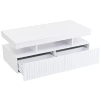 Modern Coffee Table with App-Controlled LED and Two Ribbed Drawers, Sleek Unit with Open Display Shelf, 100L x 50W x 45H cm, White(m-2)