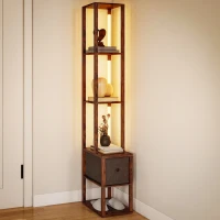 HOMCOM Lampe sur pied LED avec étagères, luminosité réglable, interrupteur au pied pour chambre, Brun-Rustique(m-6)