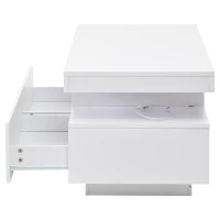 Modern Coffee Table with App-Controlled LED and Two Ribbed Drawers, Sleek Unit with Open Display Shelf, 100L x 50W x 45H cm, White(m-10)
