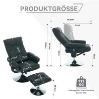 Fernsehsessel Heizbarer Massage-Sessel mit Liegefunktion, 360° drehbar PU-Stoff und Hocker Schwarz(m-3)