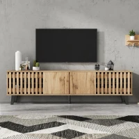 Modern Vintage TV Stand with Sturdy Five-Legged Support, Spacious Unit with 4 Openwork Doors and 9 Shelves, 180L x 40W x 55H cm, Wood(m-7)