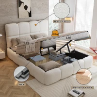 Plush Boucle Bed with Hydraulic Storage and Raised Headboard, Durable Frame with Slats, Self-Assembly, 204.5L x 142W x 100.5H cm, Beige(m-4)