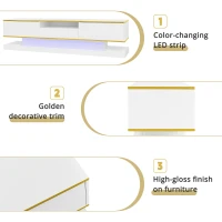 Modern LED TV Cabinet with High-Gloss Finish and Metallic Trim, Spacious Unit with Open Compartment, 180L x 38W x 45H cm, White(m-6)