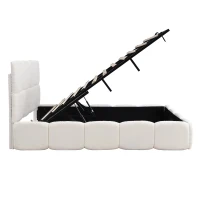 Plush Boucle Bed with Hydraulic Storage and Raised Headboard, Durable Frame with Slats, Self-Assembly, 204.5L x 142W x 100.5H cm, Beige(m-15)