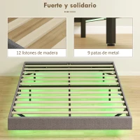 HOMCOM Somier 160x200 cm con Luces LED Estructura de Cama Tapizado en Lino Láminas de Madera Fácil de Montar Gris(m-7)