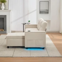 L-Shaped 3-Seater Sofa Bed with Hidden Storage, USB & USB-C Ports, Space-Saving Sofa for Compact Spaces, 208L x 146W x 89.5H cm, Beige(m-11)