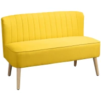 HOMCOM Divano 2 Posti in Tessuto Effetto Lino Senza Braccioli con Gambe in Legno, 117x56.5x77 cm, Giallo(m-1)