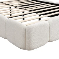 Plush Boucle Bed with Hydraulic Storage and Raised Headboard, Durable Frame with Slats, Self-Assembly, 204.5L x 142W x 100.5H cm, Beige(m-14)