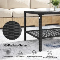 Outsunny Rattan-Couchtisch, zweistufiger Outdoor-Tisch mit Ablagefach, gehärteter Glasplatte und Stahlrahmen, Schwarz(m-5)