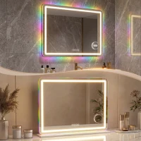 HOMCOM Vanity Mirror with Lights, Dimmable Makeup Mirror with Adjustable Colour Temperature, RGB Light, Bluetooth Speaker White(m-9)