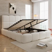 Plush Boucle Bed with Hydraulic Storage and Raised Headboard, Durable Frame with Slats, Self-Assembly, 204.5L x 142W x 100.5H cm, Beige(m-7)