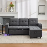 L-Shaped 3-Seater Sofa Bed with Hidden Storage, App-Controlled LED Light, Pull-Out Sofa for Compact Areas, 208L x 146W x 89.5H cm, Grey(m-10)