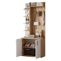 Hall Tree Coat Rack with Shoe Cabinet and 5 Open Shelves, Double‑door Storage for Narrow Entrance, 75L x 33W x 180H cm, White+Oak(m-14)
