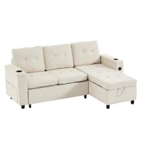 L-Shaped 3-Seater Sofa Bed with Hidden Storage, USB & USB-C Ports, Space-Saving Sofa for Compact Spaces, 208L x 146W x 89.5H cm, Beige(m-2)