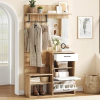 7-In-1 Coat Rack with 2 Shoe Compartments and Semi-open Shelves, High-gloss Cabinet with Mirror, 100L x 38.5W x 190H cm, White+Oak(m-6)