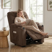 HOMCOM Electric Massage Recliner Armchair with Vibration, Heat, Whisper-Quiet Motor, Memory Function, Fleece Power Reclining Chair with Spring Pack, USB Port, Footrest, Side Pocket, Cup Holders, Brown(m-2)