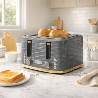 HOMCOM Toaster für 4 Scheiben mit 7 Bräunungsstufen, High-Lift, Aufwärm-/Auftau-/Abbruchs-Funktion, Graue Wellenoptik(m-3)