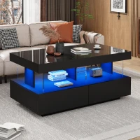 Stylish Coffee Table with 2 Drawers, Open Storage and LED Lights, Durable Center Table for Living Room, 100L x 60W x 49.5H cm, Black(m-9)