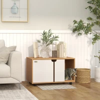 PawHut Meuble à litière maison de toilette sur pieds pour chat 2 en 1 portes style scandinave 80 x 48 x 48 cm naturel et blanc(m-10)