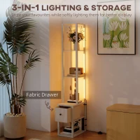 HOMCOM Floor Lamp with Shelves, LED Column Modern Standing Lamp with Fabric Drawer, Adjustable Brightness, Foot Switch for Living Room, Bedroom, Office, Oak(m-4)