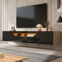 Floating TV Stand with App-Controlled LED Strip and Pull-Down Door, Wall-Mounted TV Unit with Storage Shelves, 180L x 37W x 36H cm, Black(m-8)