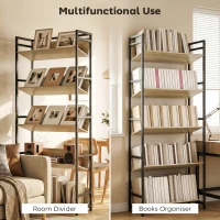HOMCOM Bookshelf 5-Tier Metal Frame Room Divider Bookcase Storage Shelves for Living Room Oak(m-4)