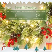 HOMCOM 60 cm Prelit Christmas Wreath, Door Wreath with Realistic Branches, 30 Warm White LEDs, Timer, Battery Operated(m-5)