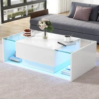 High-Gloss Coffee Table with a Drawer and Semi-Open Storage, Modern Centre Table for Living Room and Office, 100L x 50W x 31H cm, White(m-7)