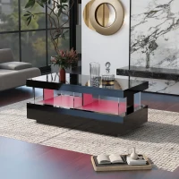 Stylish Coffee Table with 2 Drawers, Open Storage and LED Lights, Durable Center Table for Living Room, 100L x 60W x 49.5H cm, Black(m-10)