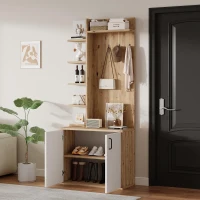 Hall Tree Coat Rack with Shoe Cabinet and 5 Open Shelves, Double‑door Storage for Narrow Entrance, 75L x 33W x 180H cm, White+Oak(m-6)