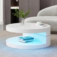 Round Rotating Coffee Table with Remote-Controlled LED Strip, Space-Saving Tabletop with Double-Layer Storage, 70L x 70W x 35.5H cm, White(m-9)