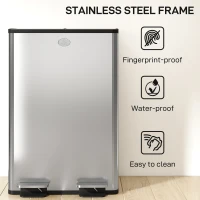 HOMCOM 56L Dual Compartment Stainless Steel Bin, with Deodoriser Holders - Silver Tone(m-8)