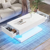 T-shaped Coffee Table with 2 Drawers and App-Controlled LED Strip, High-Gloss Centre Table for Living Room, 100L x 50W x 45H cm, White(m-9)
