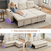 L-Shaped 3-Seater Sofa Bed with Hidden Storage, USB & USB-C Ports, Space-Saving Sofa for Compact Spaces, 208L x 146W x 89.5H cm, Beige(m-6)
