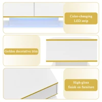 Modern LED Coffee Table with High-Gloss Finish and Gold Accents, Illuminated Unit with Drawers and Storage, 100L x 50W x 40H cm, White(m-6)