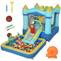 AIYAPLAY Springkasteel Opblaasbaar Speelcentrum met Luchtblazer Glijbaan Trampoline Zwembad/Ballenbak Waterpistool 364x173x182 cm Blauw(m-10)